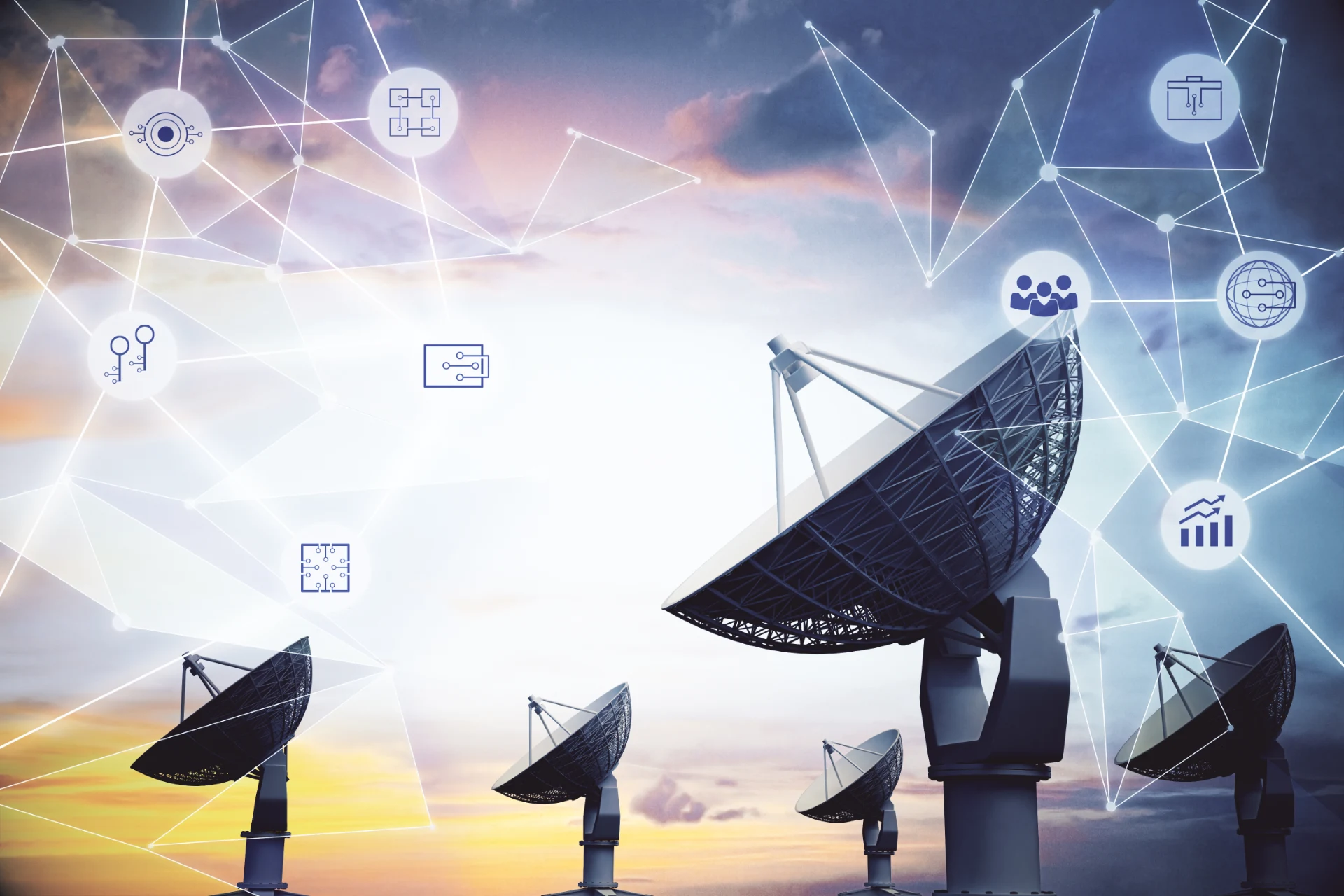 Telecommunications-satellite-dishes-on-abstract-sky-background-1